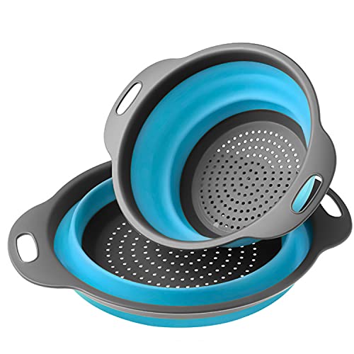 Collapsible Colander Collapsible Strainer Set of 2 PC 4 Quart Large Size Food Colander for Draining Pasta Spaghetti Fruits and Vegetables Kitchen Tool Folding Strainer (Blue)