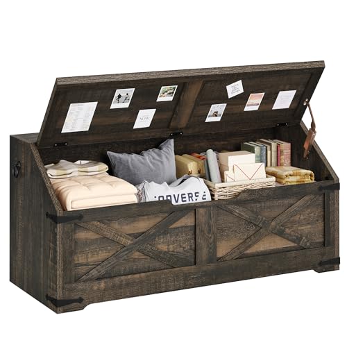 Dwvo MADWVXD87J Storage Chest, Farmhouse Storage Bench With 4 Wheels, 39.4 Inch Wood Storage Trunk With Safety Hinge, Sloped Design, Storage Organizer For Living Room, Bedroom, Entryway, Dark Rustic Oak thumb #7