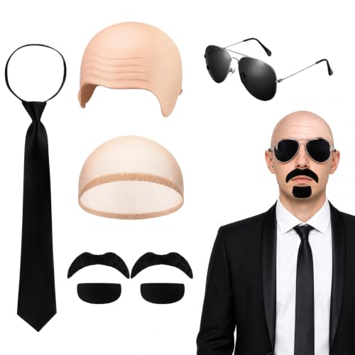 RxaGtn Pitbull kostüm 6-teilig Kurze Glatze Perücke Set für Halloween und Karneval Komplett-Set mit Glatzenkappe Brille und Bärten für Partys und Cosplay