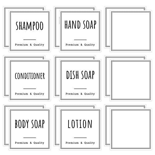 Segbeauty Étiquettes Autocollantes Shampooing Blanc, 12 Pièces Imperméables Pré-imprimés Étiquette et 6 Pièces Vierge pour Manuscrites(6x6 cm), Coller sur Bouteille de Distributeur de Savon, pour Bain Cover