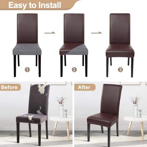 Image of SearchI Waterproof PU Leather Dining Chair Covers Stretch, Set of 4, Brown | Oilproof, Parsons Chair Slipcovers, Removable Washable, Kitchen Chair Protector for Dining Room, Hotel, Banquet, Ceremony