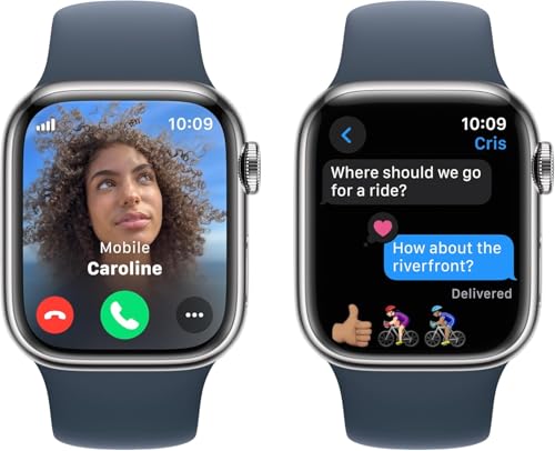 Image of Apple Watch Series 9 [GPS + Cellular 41mm] Smartwatch with Silver Stainless Steel Case with Storm Blue Sport Band M /L. Fitness Tracker, ECG Apps, Always-On Retina Display