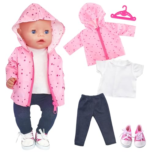 Puppenkleidung 35-45 cm, 5 Stück Rosa Puppen Outfits mit Pinker Sternenjacke, T-Shirt, Hose, pinken Schuhen & Kleiderbügel, Kleidung Zubehör für Babypuppen Jungen Mädchen Geschenk