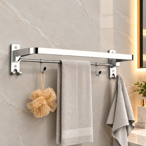 Amazon Basics Heavy Stainless Steel Foldable Towel Holder for Bathroom,Wall Mounted Towel Rod with Hooks, Space Saving Towel Hanger, Heavy Duty Rustproof Bathroom Accessories, Chrome Finish