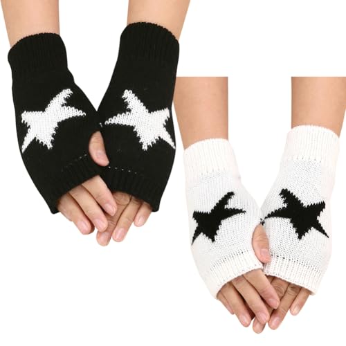 UUYYEO 2 Pairs Star Winter Fingerless Gloves Fashion Wrist Warmers Half Finger Gloves Knit Mittens Punk Arm Warmers Black and White