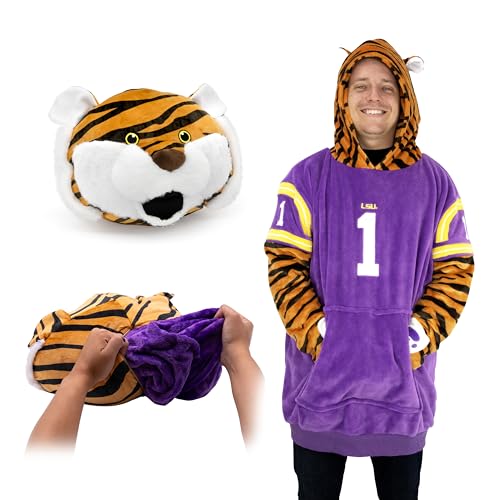Plushible Wearable Blanket Hoodie, LSU Mike the Tiger, 2-in-1 Oversized Hoodie Blanket Pillow, Long Sleeve Sweatshirt Pocket, Cozy Valentine Gift for Men & Women