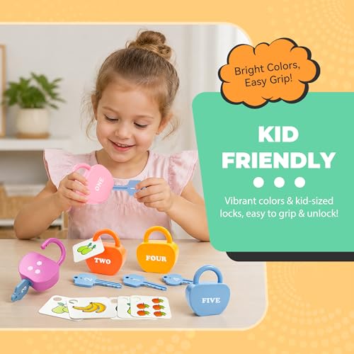 Image of GEERAY Cause and Effect Toys for Toddlers 3+, Montessori Lock & Key Set with 5 Apple-Shaped Locks, Keys & 10 Cards - Learn Numbers, Colors & Motor Skills STEM Toy Gift for Home & Classroom