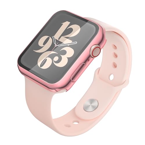 Image of Misxi 2 Pack Hard PC Case with Tempered Glass Screen Protector Compatible with Apple Watch Series 9 (2023) Series 8 Series 7 41mm, Ultra-Thin Cover for iWatch S9 /S8 /S7, 1 Rose Pink + 1 Transparent