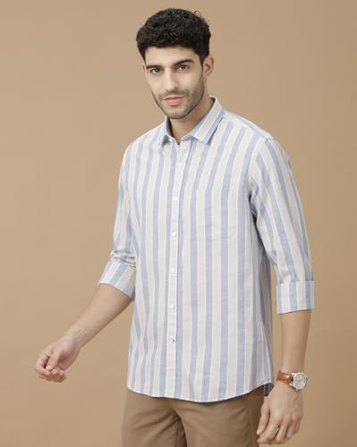 Image of Cavallo by Linen Club Men's Blended Linen Blue Striped Full Sleeve Casual Shirt