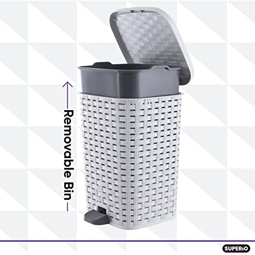 Image of Superio Small Outdoor Trash Can with Lid for Dog Poop 3 Gallon /12 L Mini Plastic Garbage Can with Foot Pedal for Bathroom, Bedroom, Office, Patio, Wicker Smoke