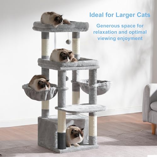 Image of Hey-brother Cat Tree Tower, Scratching Posts with Extra Large Platform, Specious Condo, 2 Cozy Hammocks, Self-Grooming Brush for Indoor Adult Cats, Maine Coon 51.1 inches, Light Gray MPJ070W