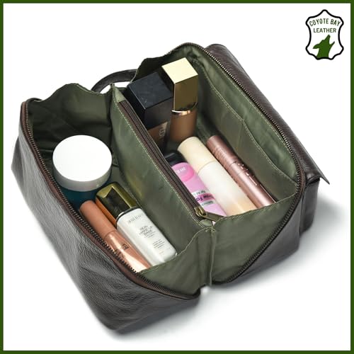 Coyote Bay® Premium Full Grain Soft Leather Makeup Bag Large 9 Inch, Travel Organizer Pouch, Shaving Kit, Cosmetics Toiletry Bathroom Organizer Kit2