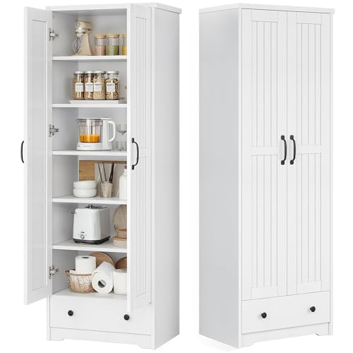 Image of Decofy 70 inch Tall Storage Cabinets, Large Wood Storage Pantry Cabinet with 6 Adjustable Shelves, 2 Striped Doors&Drawer, Standing Utility Cabinet for Kitchen, Bathroom, Dining Room, Antique(Soft White)