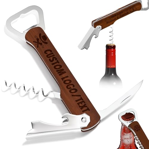 Custom Wine Opener, Personalized Corkscrew Wine Opener, Wood and Stainless Steel Beer Bottle Opener Engraved with Your Logo/Text, Customized Multitool Bottle Opener for Server, Bartender (Sapele)