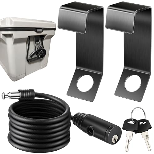 Saillong 2 Packs Cooler Lock Bracket with Security Cable Lock Cooler Tie Down Kit 4.92 FT Ice Chest Padlock for Secure Mid to Large Size Thermal Box to Trailer Deck Boat(Black Titanium Coating)