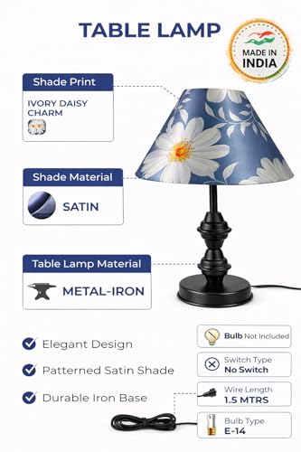 Image of tu casa Modern Table Lamp with Crimson Floral Satin Shade | Metal Iron Base Decorative lamp for Living Room| Study & Home Decor, Designer Table Lamp for Gifting (Ivory Daisy)