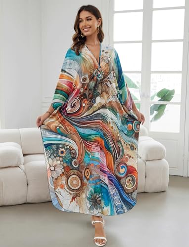Image of KECVOT Kaftan Dresses for Women Plus Size Batwing Sleeve Caftans Long Bathing Suit Cover Up Maxi Beach Dress Loungewear