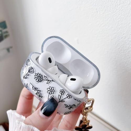 Image of MINSCOSE Compatible with AirPods Pro 2 Clear Case,Cute Flower Floral Aesthetic Design with Flowers Keychain, Soft TPU Protective Shockproof Case for Women Girl for Airpod Pro 2-Black