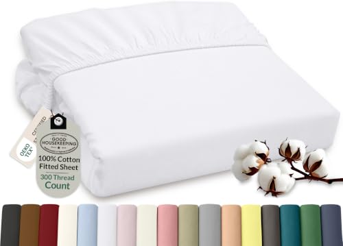 Image of ROYALE LINENS 300 Thread Count 100% Long Staple Combed Cotton Fitted Sheet Twin - Super Soft Deep Pocket Bottom Sheet - Fitted Sheets Only - Elastic Sheets (Twin, White)