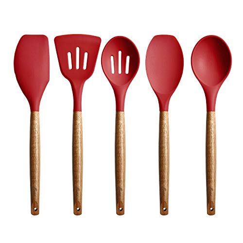 Miusco Christmas & Holiday Non-Stick Silicone Kitchen Utensils Set with Natural Acacia Hard Wood Handle, 5 Piece, Red, BPA Free, Baking & Serving Silicone Cooking Utensils