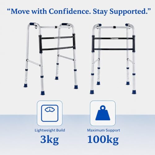 Image of Powder Coating Walker for Senior Citizens | Adjustable Height Adult Walker for Patients | Lightweight & Sturdy Walking Stand for Old People | Foldable Walking Aid for Men & Women - Grey & Black