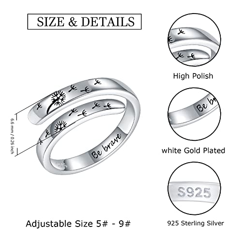 925-Sterling-Silver Adjustable Dandelion Rings for Women - Engraved Be Brave and Dancing Dandelion,White Gold Plated,Encouragement Christmas Jewelry Gifts