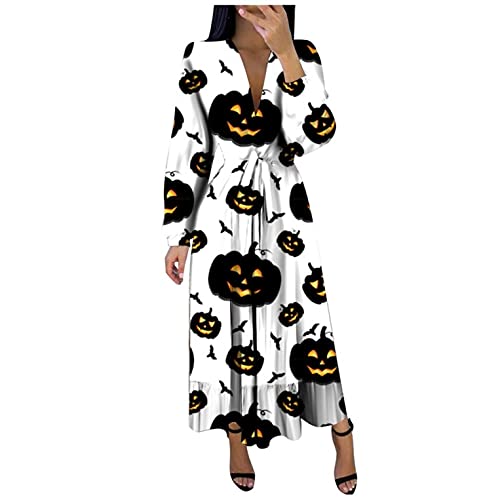 DACONGMING Femmes Maxi Robe Élégante Longue Robe,Robes Longues à imprimé Halloween à Manches Longues et col en V pour Femmes Party Soirée Cérémonie Cover
