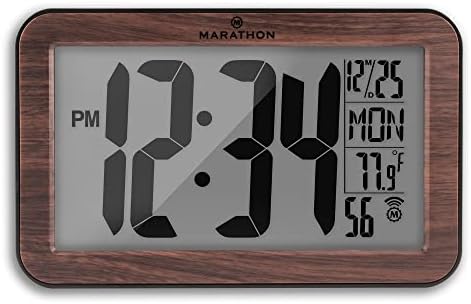 Marathon Atomic Wall Clock, Wood Finish - Large 9-Inch Display - AM/PM or 24-Hour Time, 8 Time Zones, Indoor Temperature, Day & Date - Two AA Batteries Included