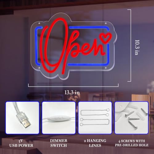 Image of Open Neon Sign, Neon Signs Lights for Wall Decor Store, Perfect Gifts for business owners, Dimmable Neon Light 13.3 * 10.3 in (Red and Blue)