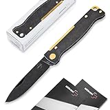 Böker Plus® Atlas Black Stonewash Brass - schwarzes EDC Taschenmesser mit Clip extra flach - Slipjoint Zweihand Klapp-Messer 42a konform legal - Vollmetall Messer mit 12C27 Sandvik Droppoint Klinge