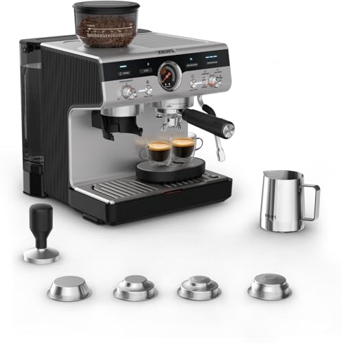 Krups Precision, Cafetera profesional para espresso y capuccino, con molinillo integrado y 30 ajustes de molienda, ajustes de preinfusión y control de temperatura, Acero inoxidable/Negro, XP801T10