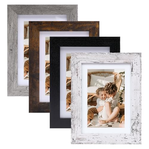 Muzilife 5x7 Wood Picture Frame with Mat, Real Glass Cover, Mix, 4 Pack