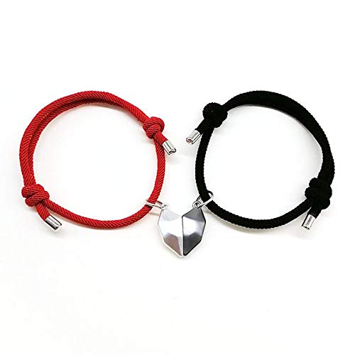 Geweven Armband,2 Stks Hart Wens Magneet Stenen Hanger Hand Geweven Zwart Rood Verstelbare Bedelarmband Geluk Vriendschap Cadeau Voor Jongen Meisje Koppels Mannen Vrouwen