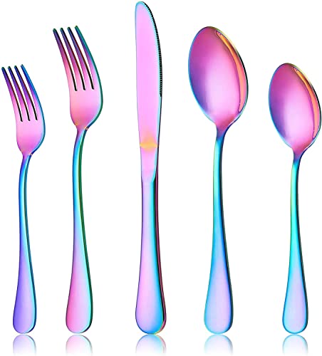 Image of Rainbow Silverware Set, Rainbow Flatware Set for 4, Stainless Steel Tableware Cutlery Set, Utensil Sets for Kitchen, Forks and Spoons Silverware (Rainbow, Set of 5)