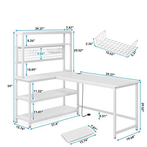 Tribesigns 55" Large Computer Desk with Wireless Charging 5 Storage Shelves, Office Desk Study Table Writing Desk Workstation with Hutch Bookshelf for Home Office (All White)