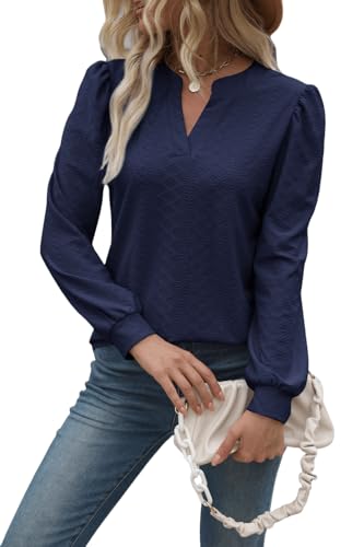 Women Tops Blouse Causal Shirts Puff Long Sleeve Tunic V Neck