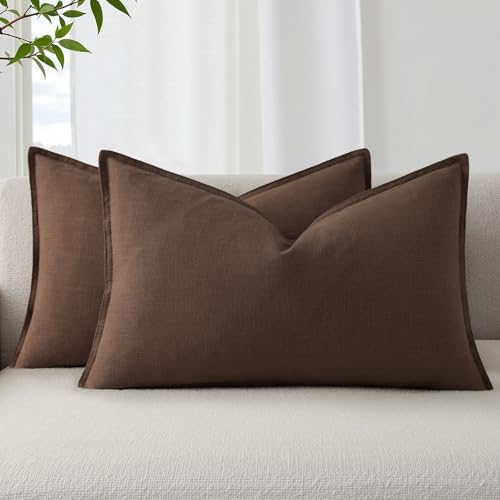 Image of decorUhome Fall Decorative Linen Throw Pillow Covers 12x20 Inch Set of 2 Chocolate Lumbar Pillow Covers with Flange Edges Soft Farmhouse Boho Accent Pillow Cases for Couch Bed Living Room