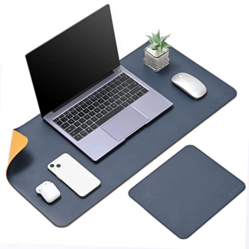 Image of Combo Pack - Aropana Vegan Leather Desk Mat Big with Mouse Pad Small, Reversible & Waterproof Edge-Stitched Upgraded (Navy Blue /Yellow 1*Big 27.6'' x 13.8'' Inches, 1*Small 9.8 x 8.3 inches)