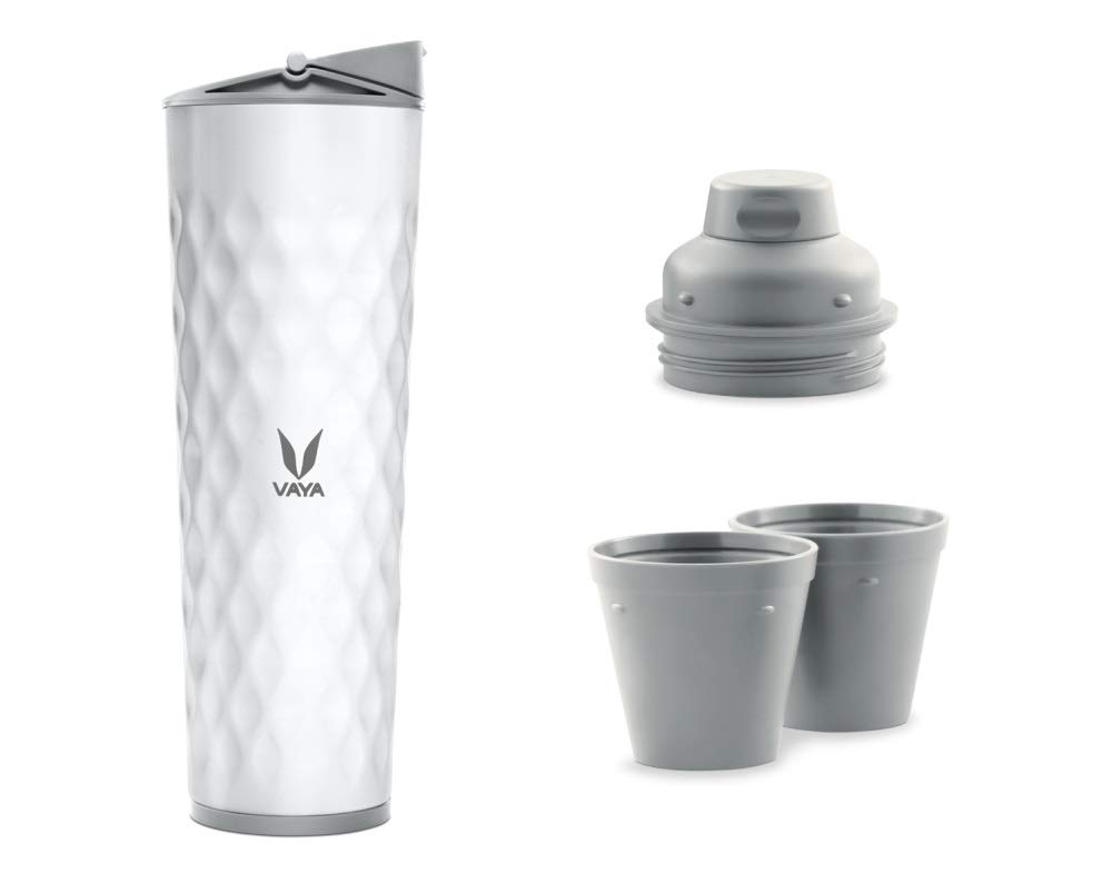 VAYA DRYNK Stainless Steel Water Bottle for Office, 600ml Insulated Water Bottle with Sipper, Gulper Lid, and 2 Tumblers, Hot and Cold Thermos Flask for Adults, Leakproof Travel Bottle,White