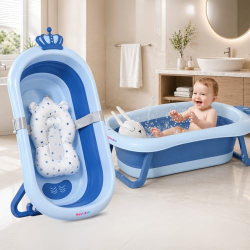 Image of Premium Foldable Baby Bathtub with Soft Cushion for Newborn, Infant & Toddler, Non-Slip Base, Easy Drain Plug, Portable Space Saving Bath Tub (Blue)