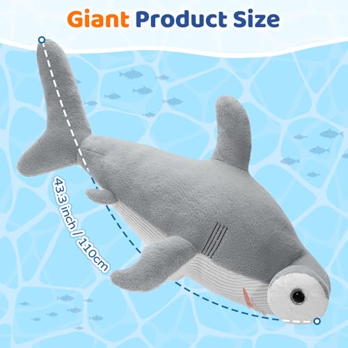 Image of Tezituor 43.3 inch Giant Hammerhead Shark Stuffed Animal, 4ft Large Stuffed Hammerhead Shark Plush Ocean Toys, Realistic Gray Shark Plush Pillow for Girls Boys