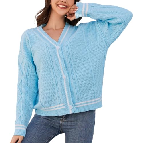 Women's Knit Cardigan Long Sleeve V Neck Sweatshirt Knitted Print Button Down Knitwear Outerwear Blue