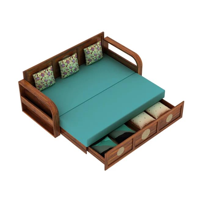 Image of Ganpati Arts Solid Sheesham Wood Cosmos 3 Seater Sofa Cum Bed with Headboard Design for Living Room Wooden Furniture Sofa Bed for Home - Natural Finish 3 Year Warranty