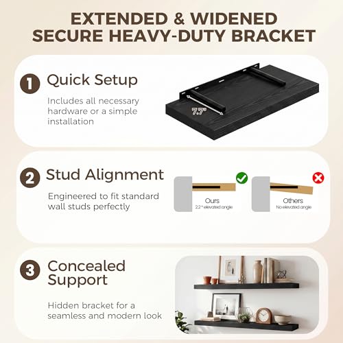 Image of Fun Memories 24 x 12 Inch Deep Floating Shelves, 12 Inch Deep Rustic Wooden Book Shelf, Extra Deeper & Thicker Hanging Shelves for Living Room, Bathroom, Bedroom, Kitchen, Office, Set of 2 (Black)