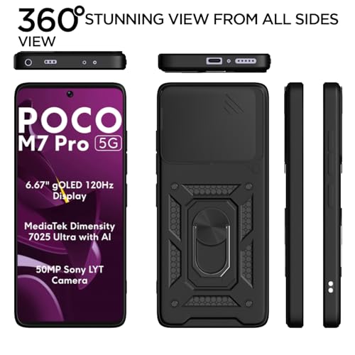 Image of Pikkme Back Cover for Poco M7 Pro 5G | D10 Tough Armor | 360 Protection Case | Sliding Camera Shield Cover & Ring Holder Stand Bumper Case (Black)