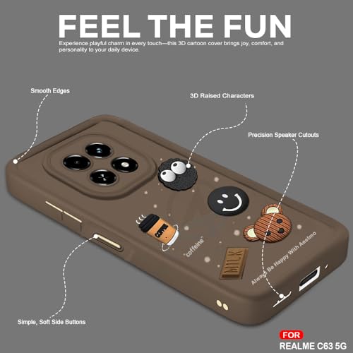 Image of AESTMO Back Case Cover for Realme C63 / N63 | Cute Fun Cartoon 3D Ball | Coffee Silicone Case | Full Body Protection | Camera Protection Back Cover for Realme C63 / N63 (Brown)