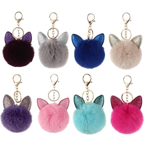Floatdream 8 Pièces Porte Clés Pompon, Porte Clés Oreilles de Lapin, Ornements de Sac à Pompons Moelleux, Convient aux Clés de Voiture, Téléphones...