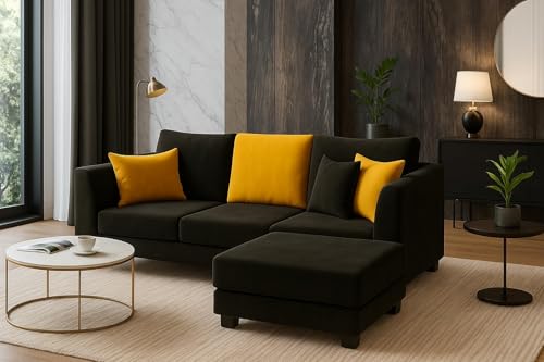 Image of SOCOZI Trevano 4 Seater L Shape Sofa Set with Movable Ottoman | Flexible Left or Right Layout | Soft Velvet Suede Fabric | Modern Design | Plush Comfort Cushions for Living Room (Black- Yellow)