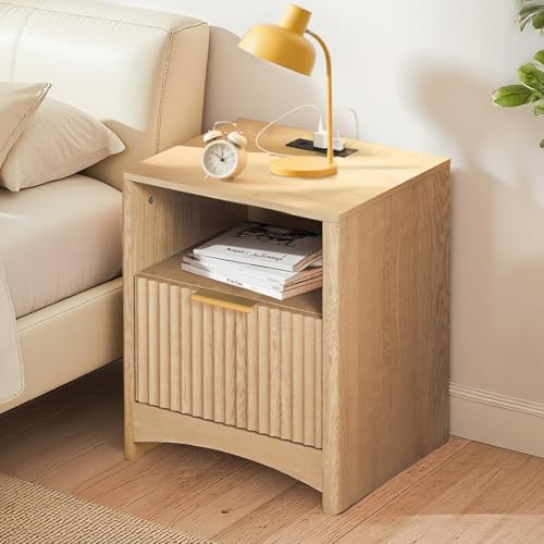Image of Marsail Fluted Nightstand Set of 2, Wooden Nightstands with Drawers, Modern Bedside Table with Charging Station and Storage, End Table with Storage Side Table for Bedroom, Oak