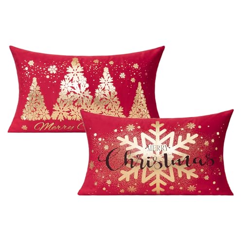 All Smiles Christmas Pillow Covers 12x20 Gold Red Lumbar Cushion Covers